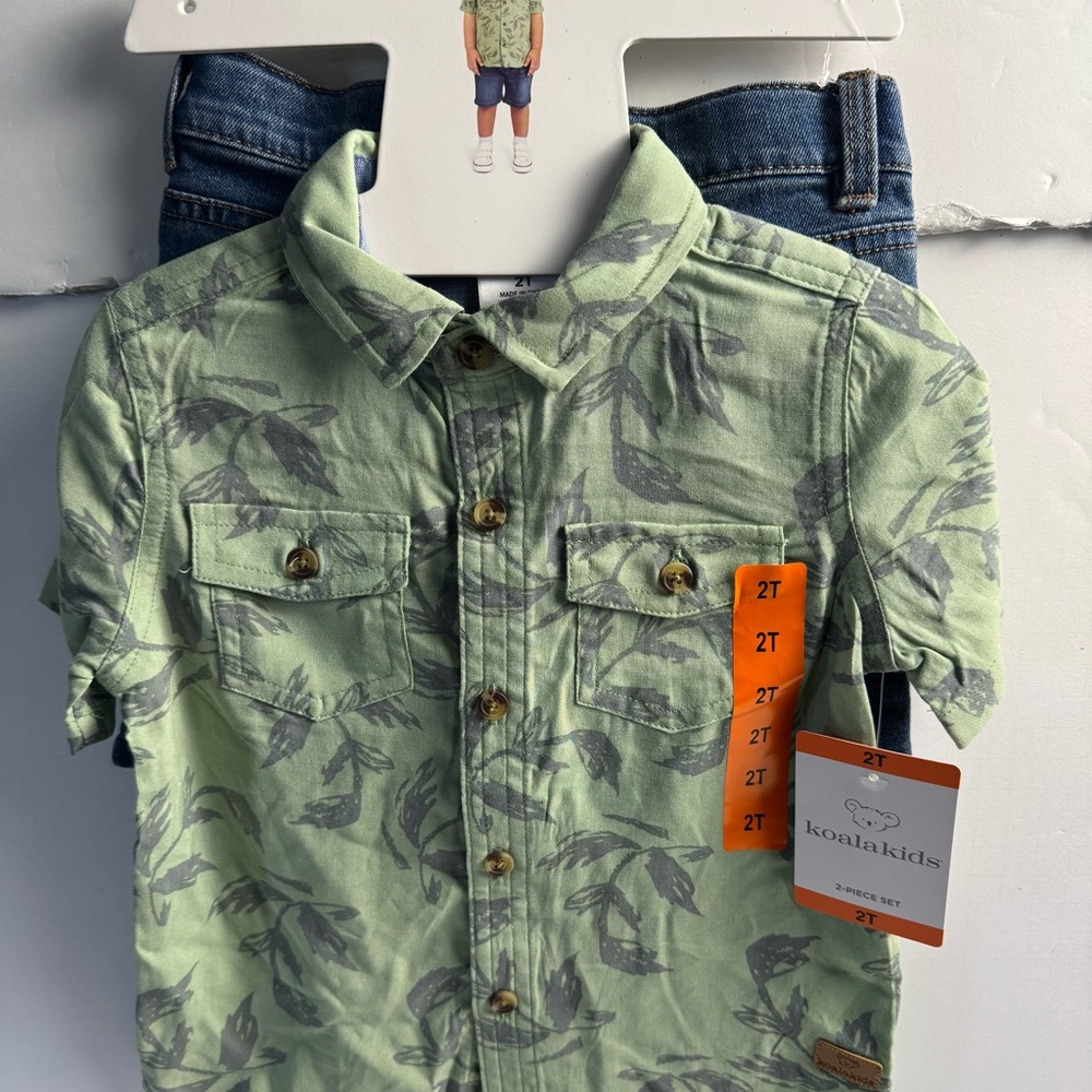 Koala Kids Green Leaf Shirt and Denim Shorts Set, Boys Size 2T